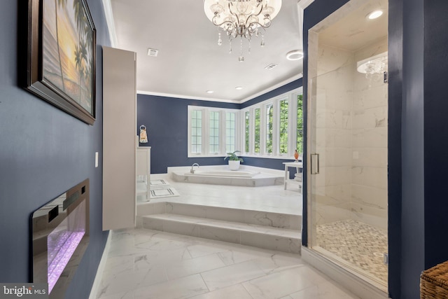 6601 Rutledge Dr, Fairfax Station, VA 22039 - full bath featuring crown molding, an inviting chandelier, marble finish floor, a shower stall, and a bath