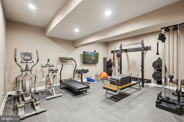 6601 Rutledge Dr, Fairfax Station, VA 22039 - exercise area featuring baseboards, carpet flooring, and recessed lighting
