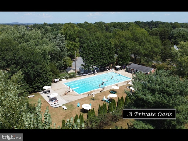 drone / aerial view with a view of trees