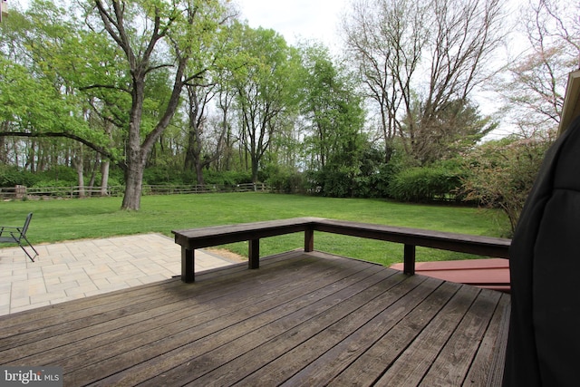deck featuring a patio, a fenced backyard, and a yard