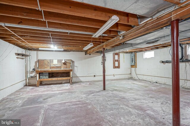 basement featuring concrete block wall and electric panel