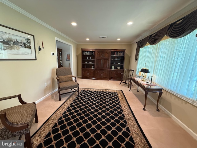 sitting room featuring crown molding, visible vents, baseboards, recessed lighting, and light carpet