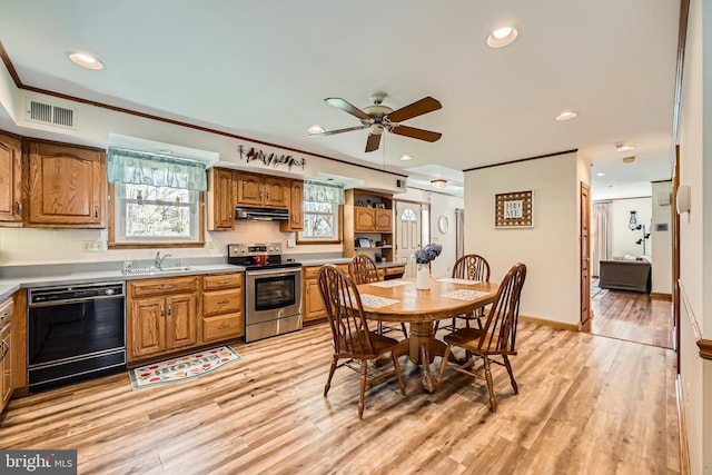 1722 Anne Ave, Baltimore, MD 21221 - dining room featuring visible vents, a ceiling fan, light wood-style floors, crown molding, and recessed lighting