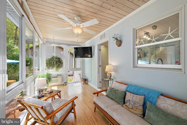 sunroom / solarium featuring plenty of natural light, a ceiling fan, and visible vents