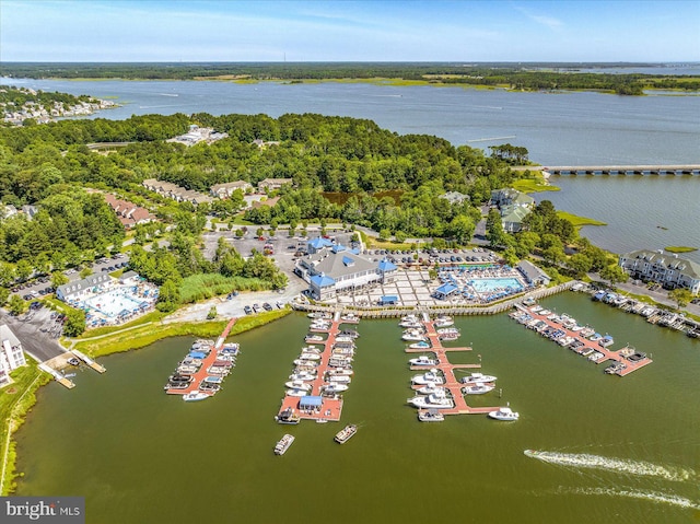 aerial view of property's location featuring a large body of water and a marina
