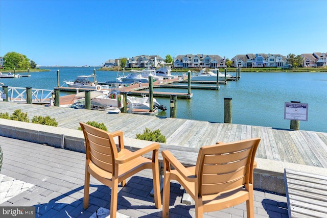 dock featuring a water view and a residential view