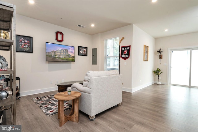418 S Seaway Ct, Cambridge, MD 21613 - living room with wood finished floors, electric panel, baseboards, and recessed lighting