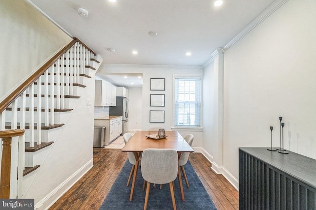 dining area featuring crown molding, recessed lighting, stairway, baseboards, and dark wood-style floors