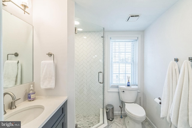 full bath featuring a shower stall, vanity, visible vents, toilet, and marble finish floor