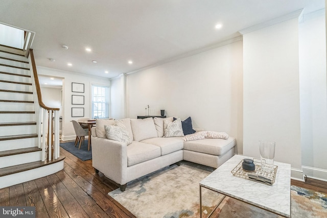 living room featuring baseboards, recessed lighting, stairway, crown molding, and dark wood finished floors