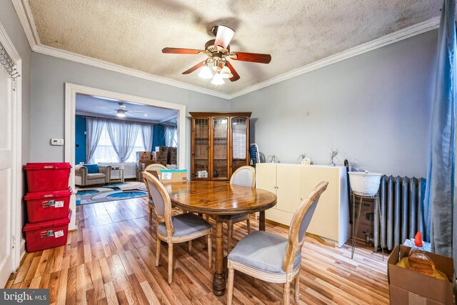 4910 N Hutchinson St, Philadelphia, PA 19141 - dining space featuring light wood-type flooring, crown molding, a ceiling fan, and a textured ceiling