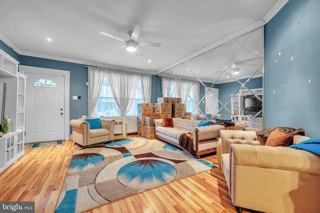 4910 N Hutchinson St, Philadelphia, PA 19141 - living area featuring wood finished floors, ornamental molding, and ceiling fan