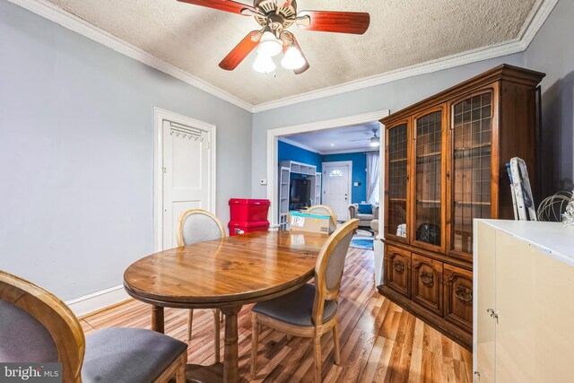 4910 N Hutchinson St, Philadelphia, PA 19141 - dining space featuring baseboards, ornamental molding, a textured ceiling, ceiling fan, and light wood finished floors