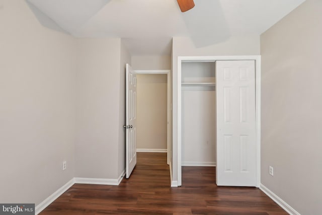 2816 Lee Oaks Pl Unit 102, Falls Church, VA 22046 - unfurnished bedroom featuring dark wood finished floors, baseboards, ceiling fan, and a closet