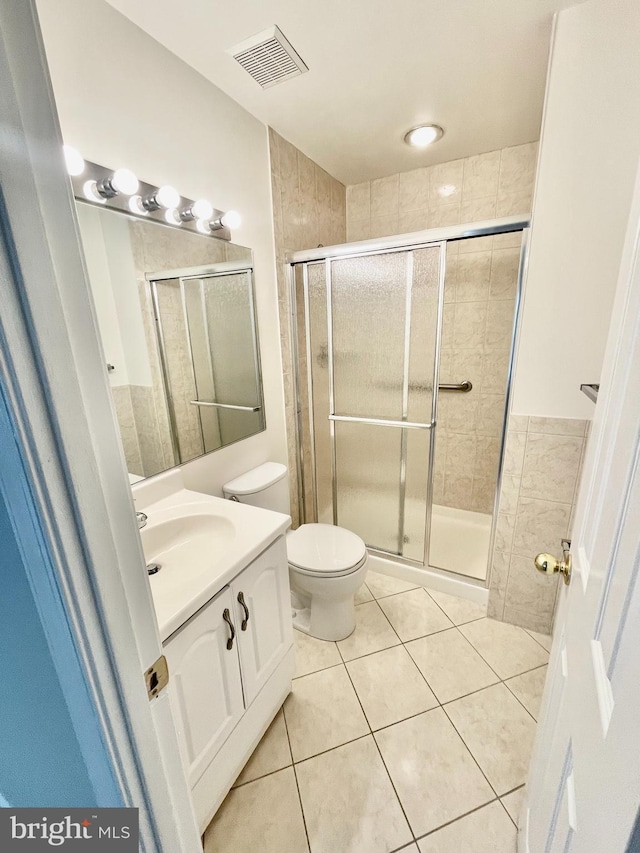 full bathroom with vanity, tile patterned flooring, a stall shower, and visible vents