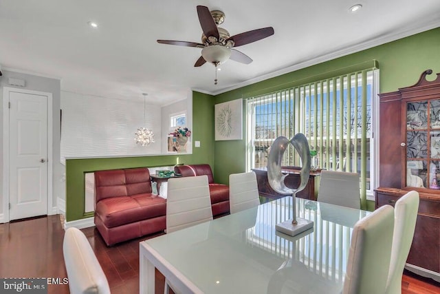 dining space with ornamental molding, recessed lighting, a ceiling fan, and wood finished floors