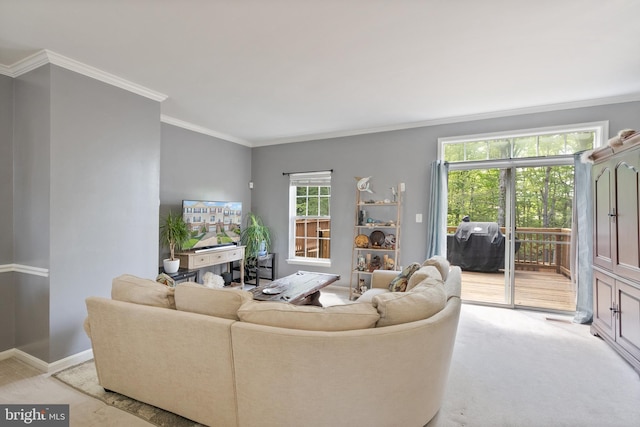 living room featuring ornamental molding, baseboards, and light carpet