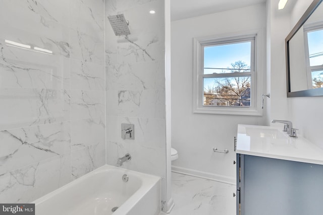 full bathroom featuring toilet, shower / bathing tub combination, baseboards, marble finish floor, and vanity