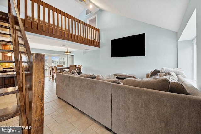823 Forepeak Dr, Forked River, NJ 08731 - living area with visible vents, high vaulted ceiling, and stone tile floors