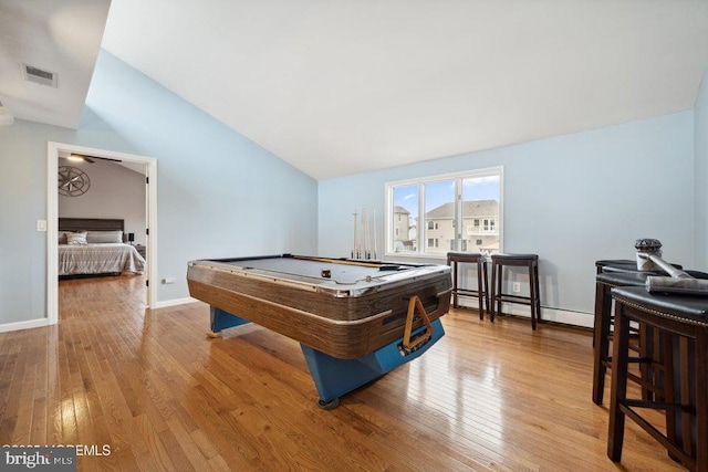 823 Forepeak Dr, Forked River, NJ 08731 - game room with visible vents, hardwood / wood-style flooring, a baseboard heating unit, pool table, and lofted ceiling