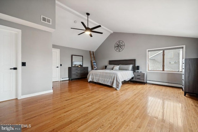 823 Forepeak Dr, Forked River, NJ 08731 - unfurnished bedroom with a baseboard heating unit, light wood-type flooring, visible vents, lofted ceiling, and a baseboard radiator