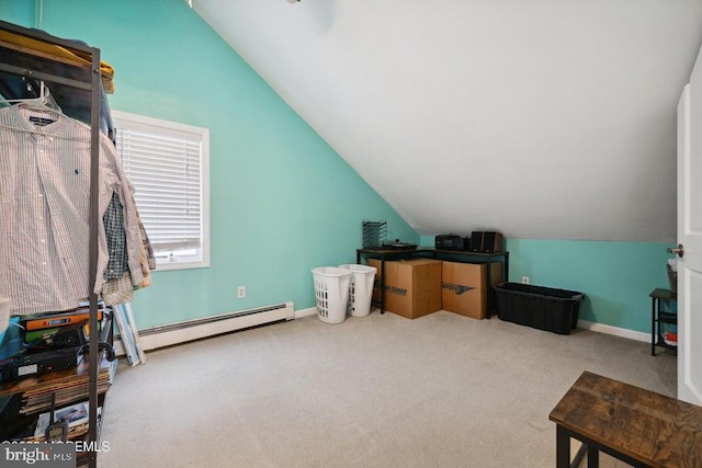 823 Forepeak Dr, Forked River, NJ 08731 - additional living space featuring a baseboard radiator, baseboards, lofted ceiling, and carpet