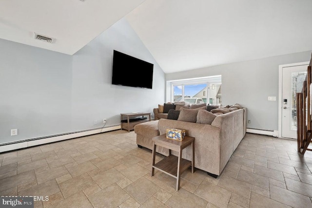 823 Forepeak Dr, Forked River, NJ 08731 - living area featuring stone finish flooring, visible vents, a baseboard radiator, and lofted ceiling