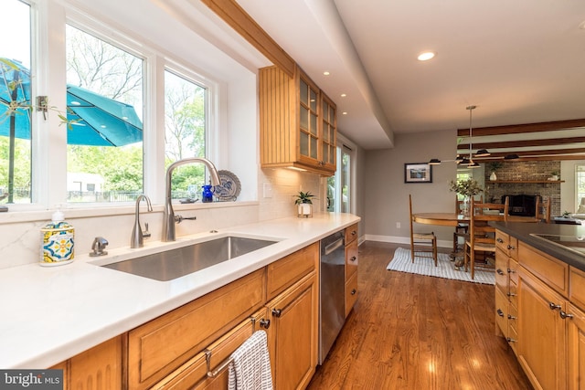 kitchen featuring a sink, dark wood-style flooring, healthy amount of natural light, stainless steel dishwasher, and recessed lighting