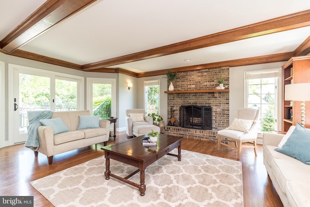 living room featuring beamed ceiling, a brick fireplace, plenty of natural light, wood finished floors, and crown molding