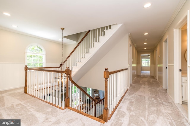 stairway featuring carpet floors, crown molding, and recessed lighting