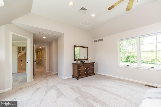 carpeted bedroom with baseboards, recessed lighting, lofted ceiling, and a ceiling fan