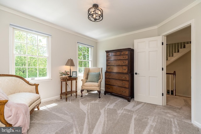 living area featuring carpet, crown molding, baseboards, and stairway