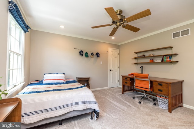 bedroom featuring multiple windows, light colored carpet, baseboards, recessed lighting, and ceiling fan