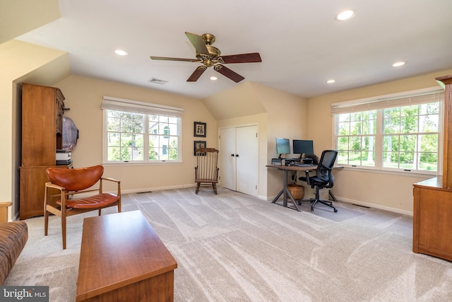 home office with baseboards, light carpet, recessed lighting, a ceiling fan, and lofted ceiling