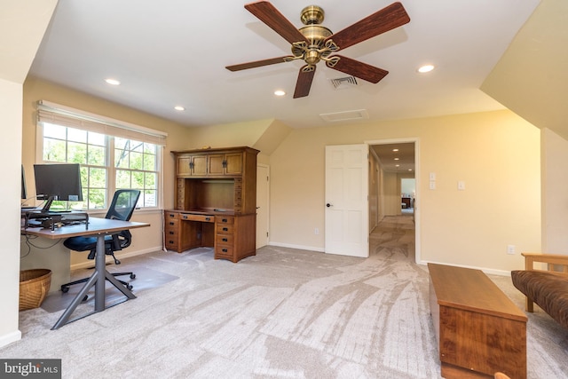 home office with recessed lighting, light carpet, ceiling fan, and baseboards