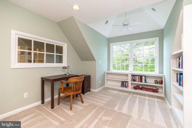 carpeted office space with lofted ceiling, baseboards, ceiling fan, and recessed lighting