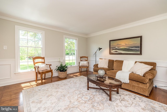 living room with ornamental molding, wood finished floors, a decorative wall, and a wainscoted wall