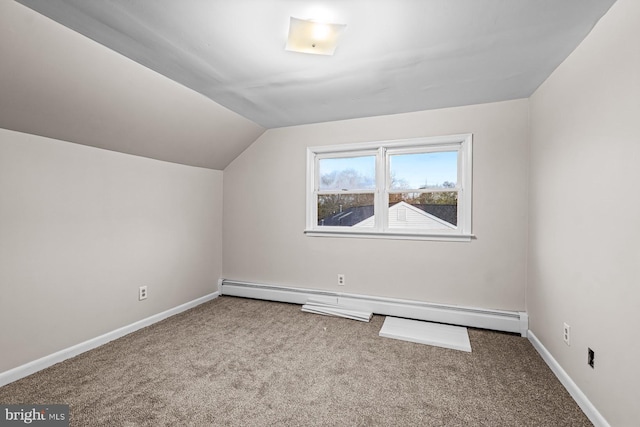 bonus room featuring carpet floors, baseboards, lofted ceiling, and baseboard heating