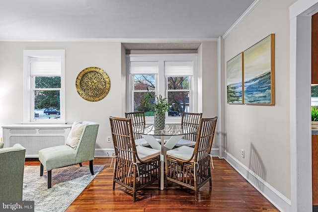 dining area with a healthy amount of sunlight, ornamental molding, radiator, and wood finished floors