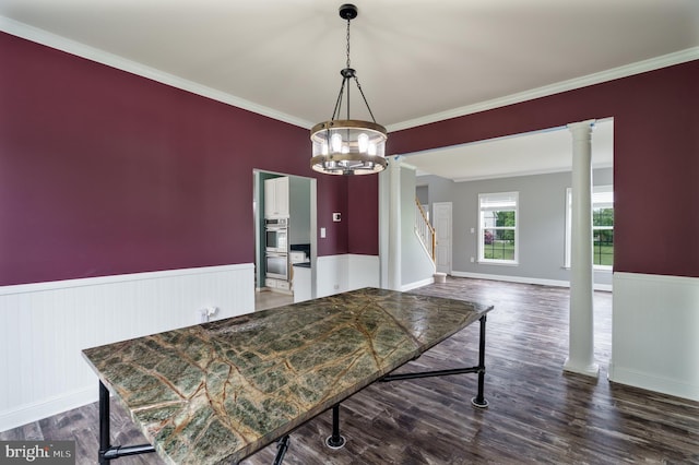 33 General Early Dr, Harpers Ferry, WV 25425 - unfurnished dining area with a wainscoted wall, ornamental molding, wood finished floors, a chandelier, and stairway