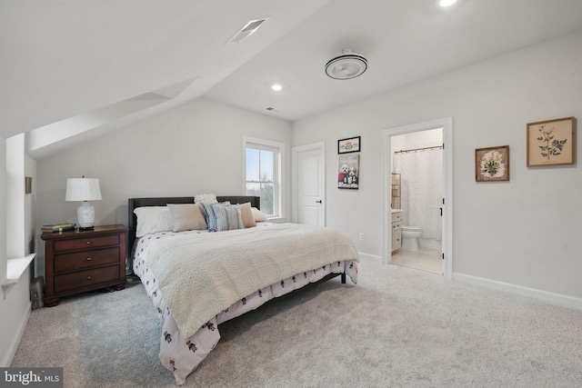 carpeted bedroom with recessed lighting, visible vents, baseboards, and lofted ceiling
