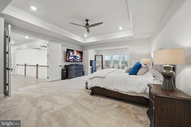 bedroom with visible vents, a raised ceiling, crown molding, carpet floors, and recessed lighting