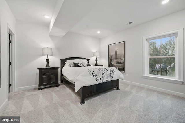 bedroom with visible vents, baseboards, recessed lighting, and carpet flooring