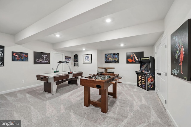 game room featuring recessed lighting, baseboards, and carpet floors