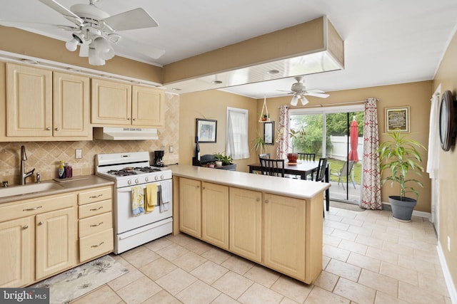 1 Pheasant Ln, Hamilton, NJ 08690 - kitchen with gas range gas stove, under cabinet range hood, a ceiling fan, a sink, and a peninsula