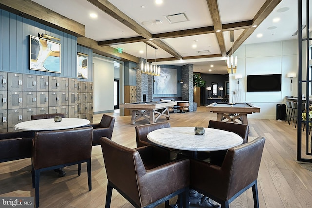 dining area with pool table, light wood-type flooring, visible vents, beamed ceiling, and coffered ceiling