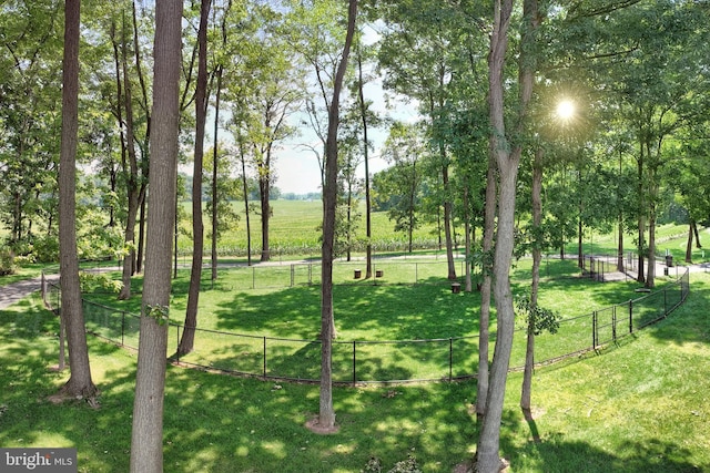 view of community featuring fence and a lawn