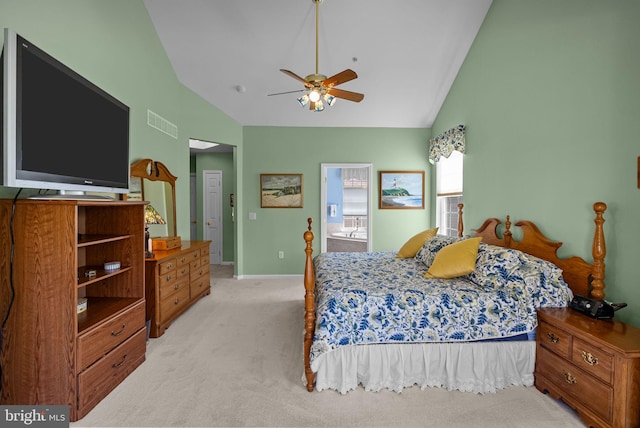 bedroom featuring a ceiling fan, light carpet, visible vents, and high vaulted ceiling