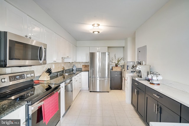 203 Yoakum Pkwy Unit 1807, Alexandria, VA 22304 - kitchen with stainless steel appliances, a sink, white cabinets, and dark stone countertops