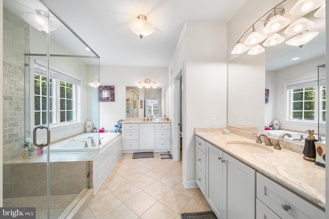 1430 County Line Rd, Bryn Mawr, PA 19010 - full bathroom with two vanities, a sink, a stall shower, tile patterned floors, and a garden tub